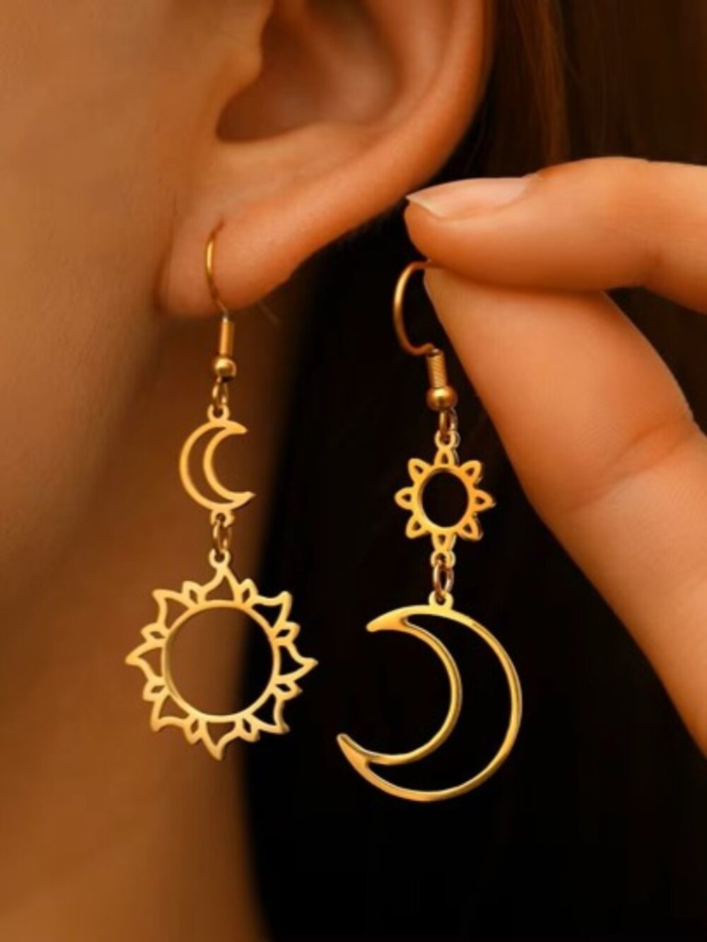 NEW 14K Yellow Gold Sun Moon Bohemian Statement Luxury Drop Earrings